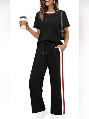 Wide-Leg Lounge Pants with Red & White Side Stripe - Black